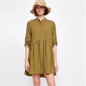 Zara Womens Shirt Dress Peplum Olive Green Roll Tab Sleeve Size S